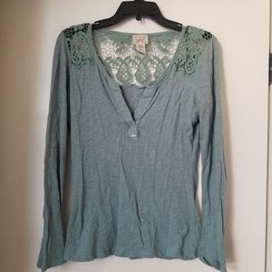 Crochet Style Shouldered Long Sleeve V-Neck Top